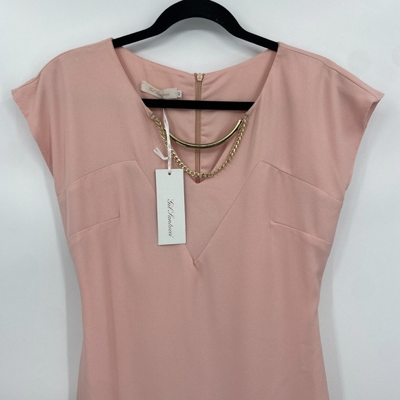 NWT GIL SANTUCCI Pink Cap Sleeve Gold Detail Back Zip Mini Dress Size 42 (6 US) - Picture 3 of 9